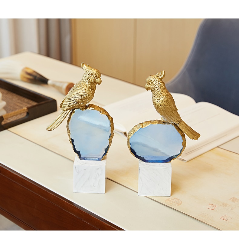 Nordic Gold Parrot Stands On Marble Texture Resin Base Statue Ornaments Home Decoration Accessories Gift Mascot Animal Sculpture
