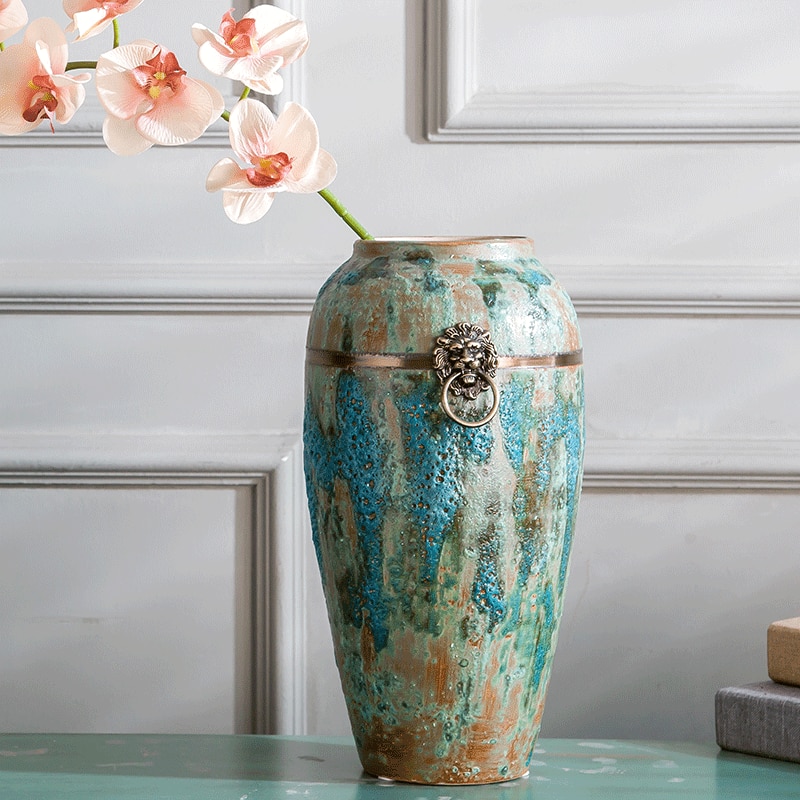 Jingdezhen Ceramics with Copper Ring Blue Bubble Glaze Ceramic Floor Large Vase Classical Chinese Ornaments