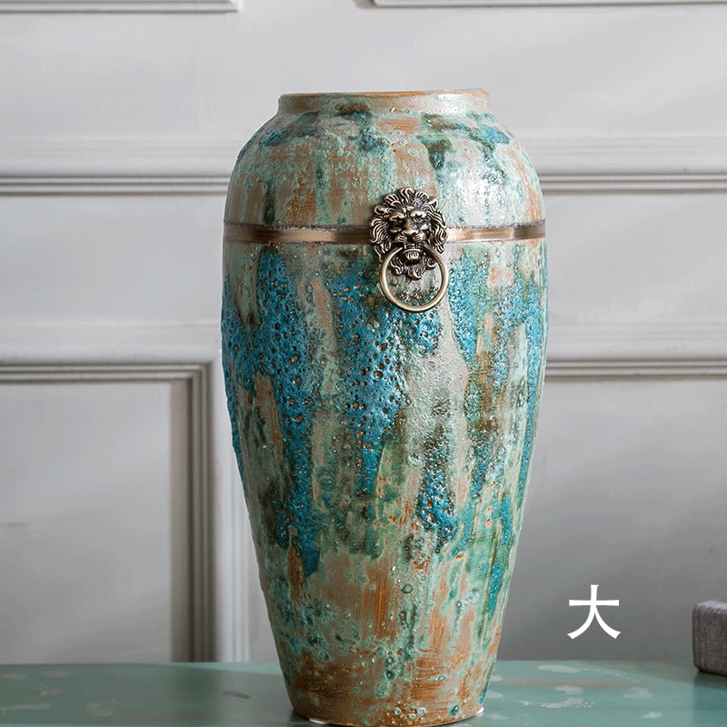 Jingdezhen Ceramics with Copper Ring Blue Bubble Glaze Ceramic Floor Large Vase Classical Chinese Ornaments