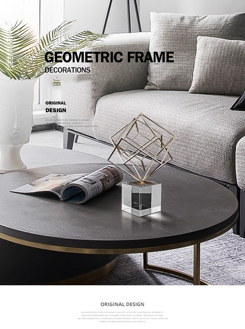 Nordic Geometric Square Sphere Metal Figurines Home Decor Crafts Livingroom Desktop Crystal Glass Ornaments Modern Wedding Gift
