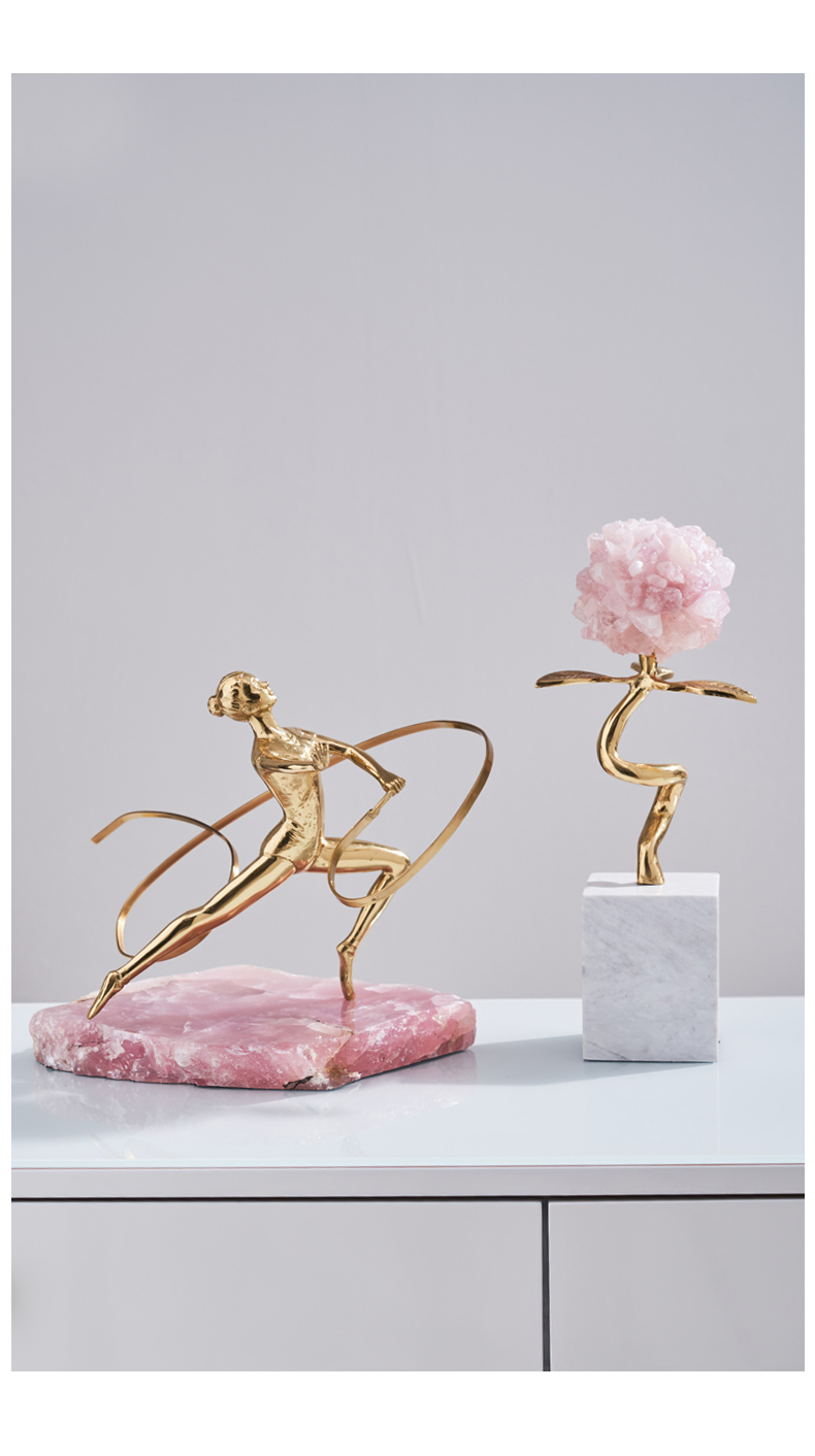 Beautiful Blooming Natural Pink Crystal Stone With Brass Leaves Sculpture Marble Statue Home Living Room Decoration Accessories