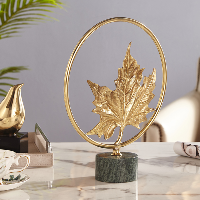 Creative Gold Copper Plant Maple leaves Statue Home Decor Crafts Room Objects Green Marble Office Figurines Wedding Gifts