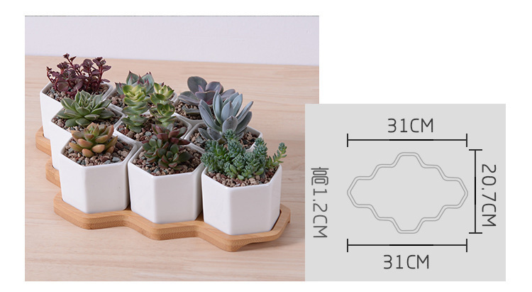 Set of 4/7/9/10 Hexagon Flowerpots White Ceramic Succulent Plant Pot with Bamboo Stand Home Office Christmas New Year Decoration