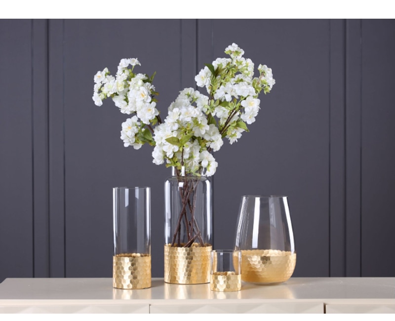 Europe Glass Flower Vase with Gold Foil Figurines Home Living Room Decor Household Gold Tabletop Plant Vase Crafts Wedding Gifts