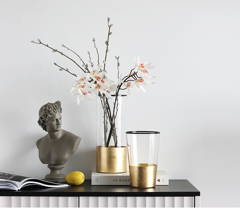 European Glass Flower Vase with Gold Foil Figurines Living Room Decor Gold Tabletop Vase Crafts Household Ornament Wedding Gifts