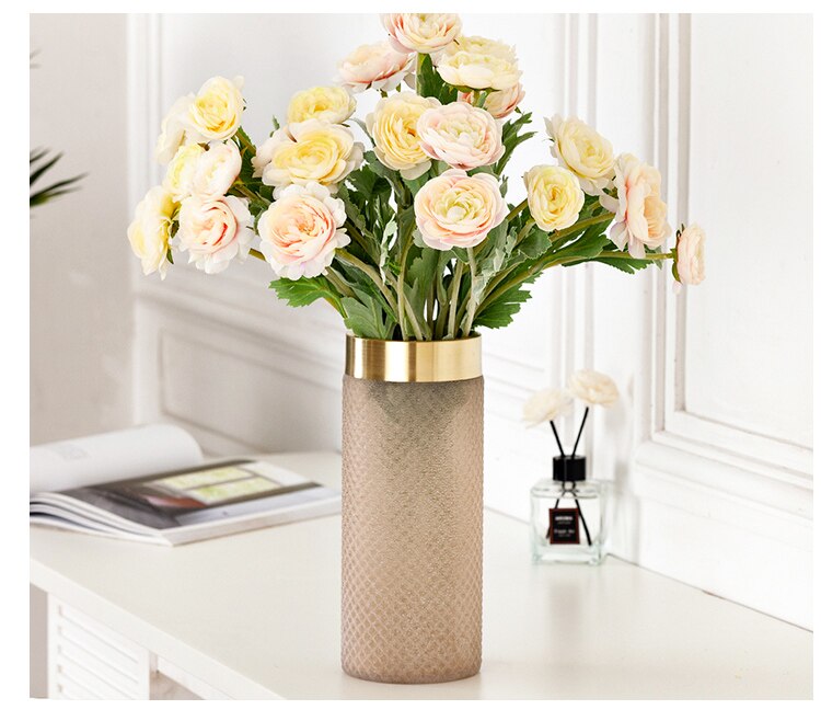 Home Vase Glass Vases Green Mesh Gold Rim Flower Insert Artificial Fake Flower Furnishings Home Decoration Accessories Modern