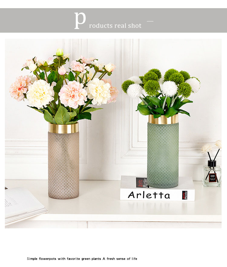 Home Vase Glass Vases Green Mesh Gold Rim Flower Insert Artificial Fake Flower Furnishings Home Decoration Accessories Modern