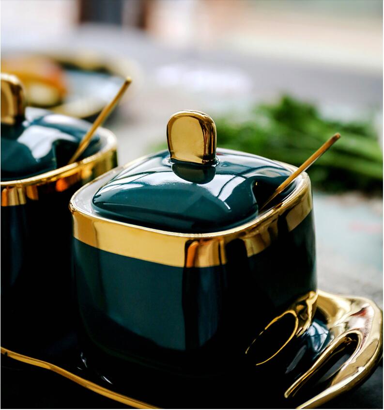 Northern European Light Luxury Emerald Ceramic Sugar Cans Salt MSG Jar Seasoning Jar Seasoning Box Four-piece Household Set
