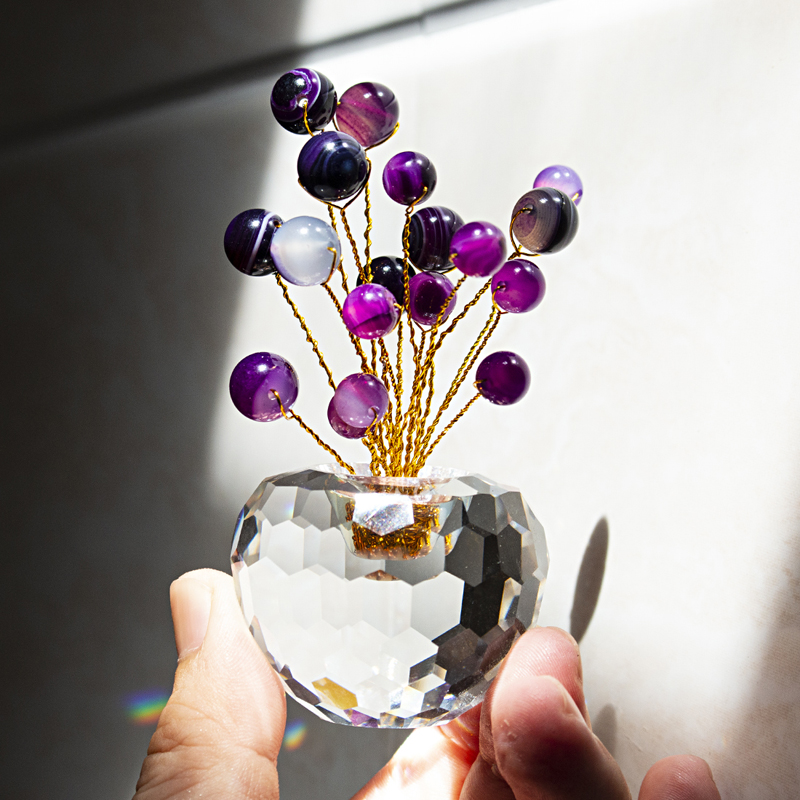 H&D Natural Energized Amethyst Gemstone Bonsai Money Tree Figurine Crystal Base Decorative Fengshui Healing Showpiece Home Decor
