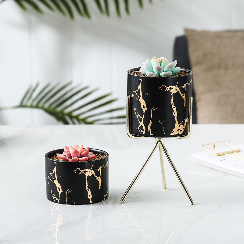 Nordic Style Home Office Golden Marbling Flower Pot Iron Ceramic Pot Makeup Pen Container Set Vases for Decoration