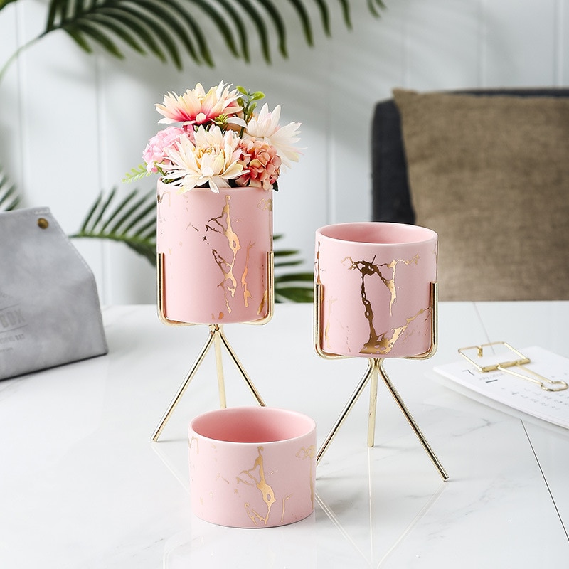 Nordic Style Home Office Golden Marbling Flower Pot Iron Ceramic Pot Makeup Pen Container Set Vases for Decoration