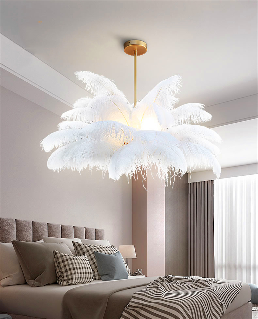 Nordic LD Pendant Lights Natural Ostrich Feather LOFT LED Pendant Lamp Bedroom Living Room Restaurant Lighting Deco Hanging Lamp