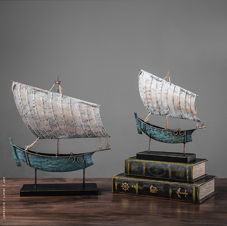 Retro Fantasy Blue Golden Sailing Boat Statue Art Sculpture Metal Boat Figurine Craftwork Home Decoration Accessories Gifts