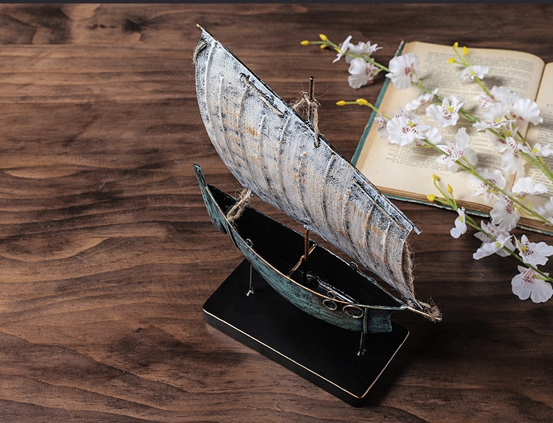 Retro Fantasy Blue Golden Sailing Boat Statue Art Sculpture Metal Boat Figurine Craftwork Home Decoration Accessories Gifts