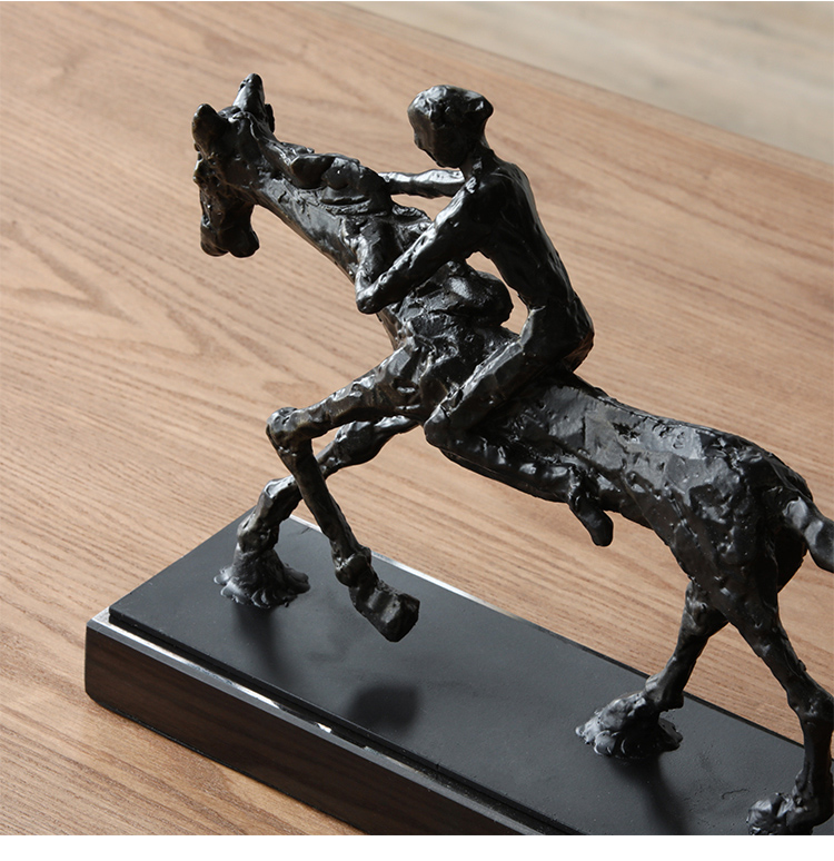 Creative Black Metal Riding Horse character Statue Home Decor Crafts Room Decoration Objects Office Marble Figurines Sculpture