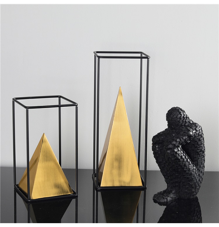 Modern Gold Geometric Pyramid With Black Metal Rectangle Frame Statue Ornament For Home Office Desk Decor Ornament Accessories