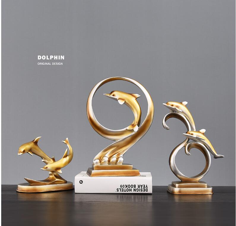 European Resin Gold Dolphin Ornaments Home Livingroom Table Animal Statue Decoration Crafts Hotel Office Desktop Figurines Decor