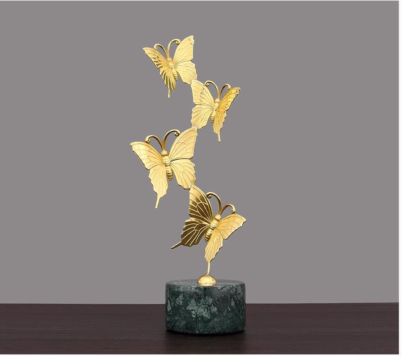 Luxury Brass Iron Butterfly Ornaments Crafts Home Furnishing Decoration Hotel Living room Figurines Office Desk Marble Statue