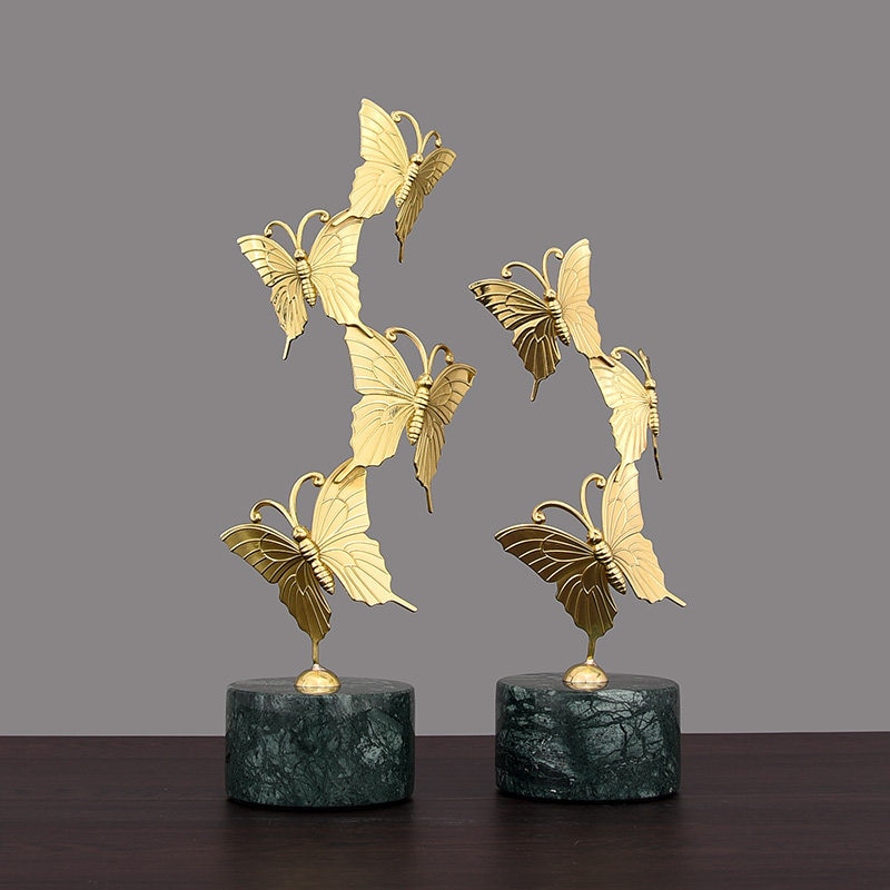 Luxury Brass Iron Butterfly Ornaments Crafts Home Furnishing Decoration Hotel Living room Figurines Office Desk Marble Statue