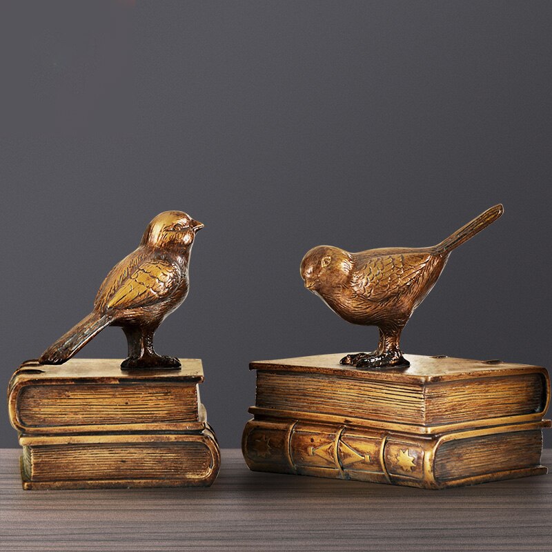2PCS Retro birds Bookends Crafts Statue Figurines Bedroom Decoration Home Furnishings Desk Bookcase Personality Resin Ornaments