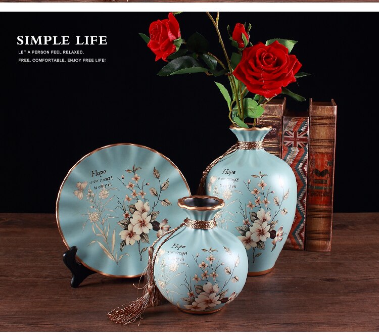 European creative ceramic vase three-piece flower arrangement American retro living room wine cabinet decoration wedding gift