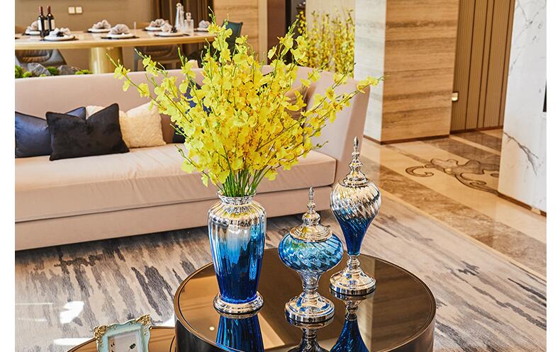 Modern Creative Blue Glass Vase Ornament Home Furnishing Decoration Crafts Livingroom Cafe Bar Desktop Fake FlowerPot Figurines