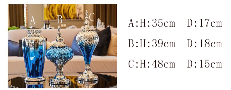 Modern Creative Blue Glass Vase Ornament Home Furnishing Decoration Crafts Livingroom Cafe Bar Desktop Fake FlowerPot Figurines