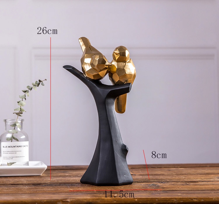 Nordic Golden Geometric Bird Standing On A Black Branch Statue Home Crafts Room Decor Objects Office Resin Sculpture