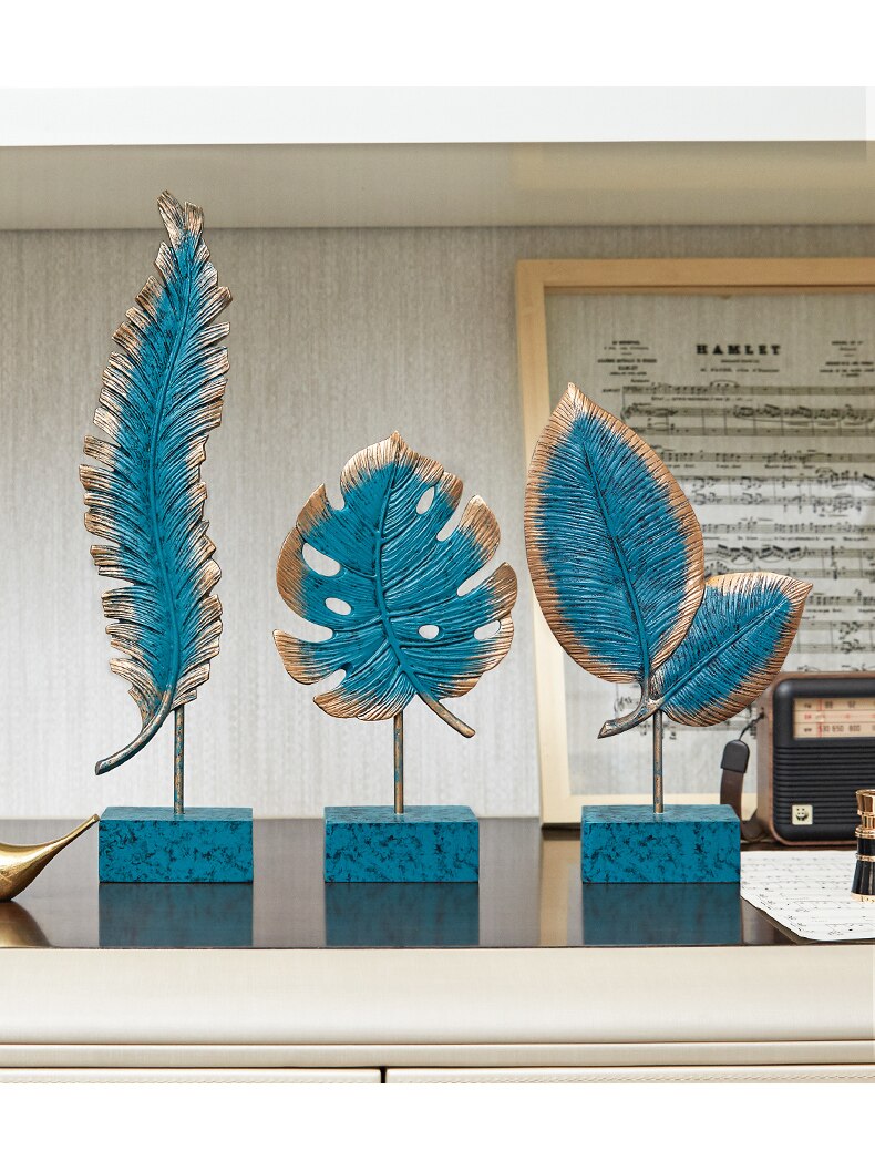 Resin Ornaments Blue Palm Leaves Statue Desk Decor Marble Texture Base Statuette Nordic Home Decoration Accessories Modern
