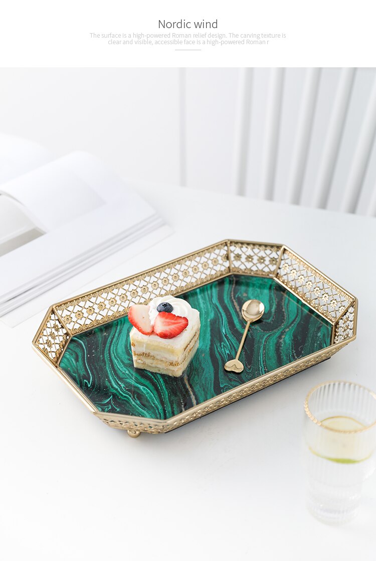 Nordic Agate Texture Storage Tray Multiple Styles Home Decor Plates Golden Metal Mirror Plate Skincare Jewelry Display Tray