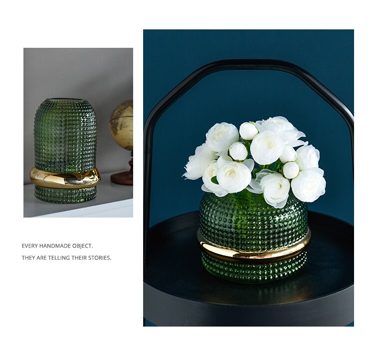 Nordic Flower Vase Home Decoration Glass Vases Vintage Pine Green Embossed Transparent Green Hydroponic Flowers Pot Floral