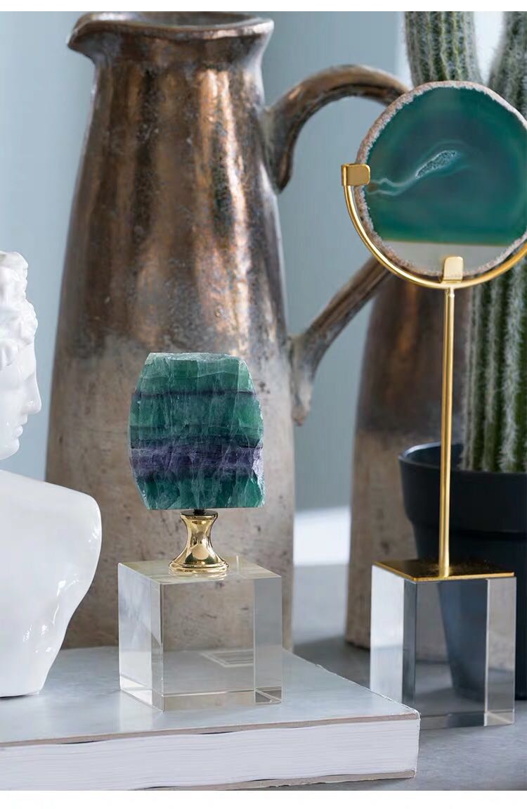 Beautiful Natural Green Agate Stone Craft With Square Crystal Base Figurines Agate Sheet Home Decor Living Room Ornaments Crafts