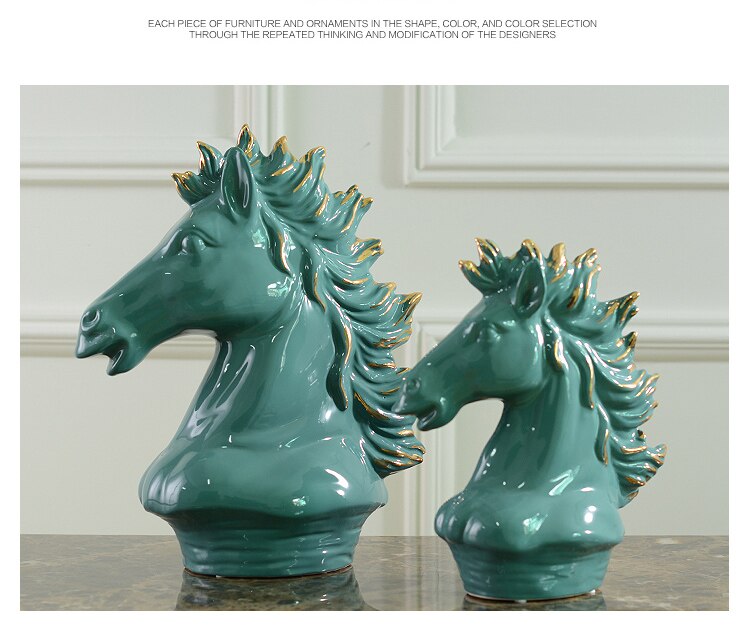 40cm Horse Head With Gold Hair Statue Ornament Office Home Living Room Desktop Decoration Ceramic Animal Figurines Craft Gift