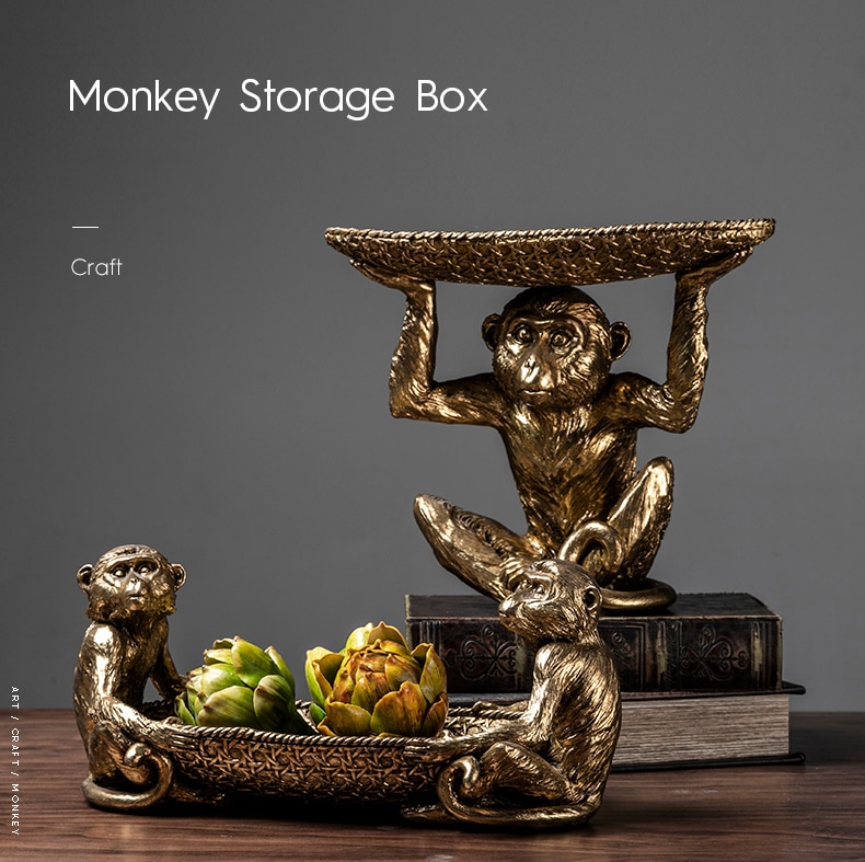 Gold Monkey Holding A Plate Decoration Living Room Door Key Storage Cabinet Decoration Statue Home Decor Accessories Sculpture