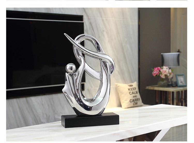 Modern Creative Silver Abstract Twisted Ring Statue Home Decor Crafts Room Decoration Objects Office Ceramic Figurines Wood Base