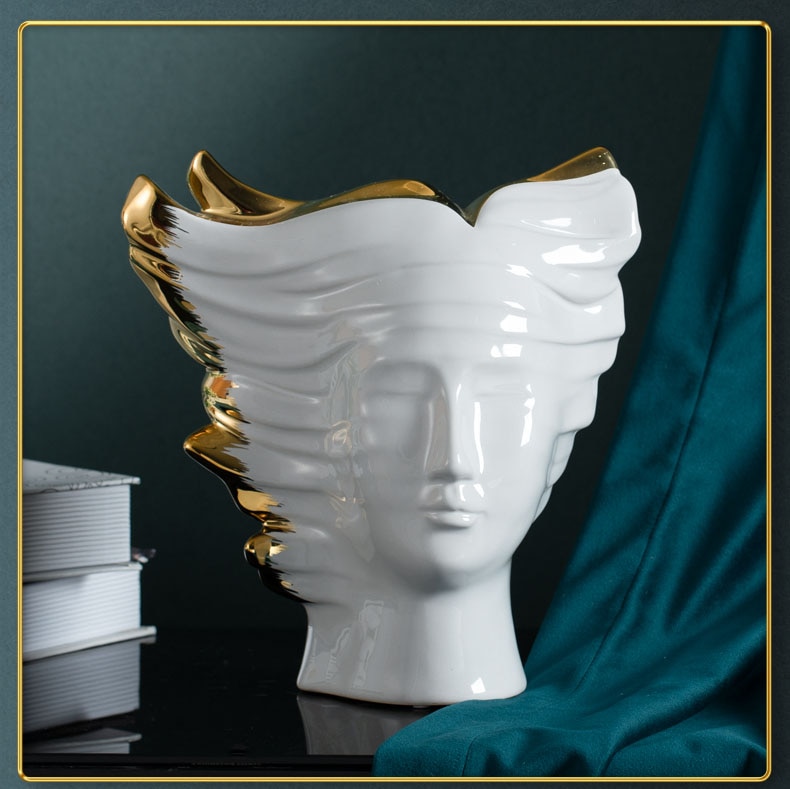 Creative Abstract Beethoven Head Vase Decorative Golden White Ceramic Crafts Flower Vases For Home Living Room Wedding Decor
