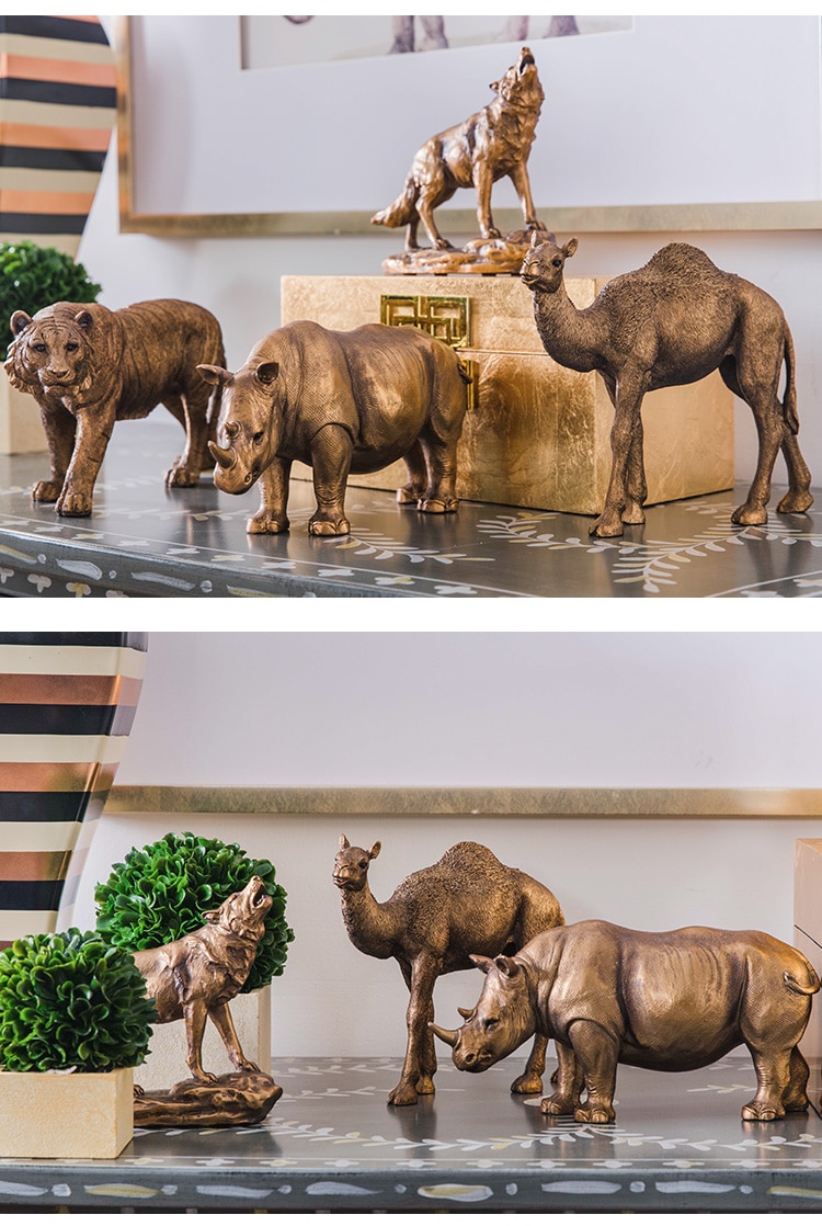 Creative Gold Rhinoceros Wolf Tiger Camel Vintage Statue Home Decor Crafts Room Decoration Objects Wild Animals Resin Figurines