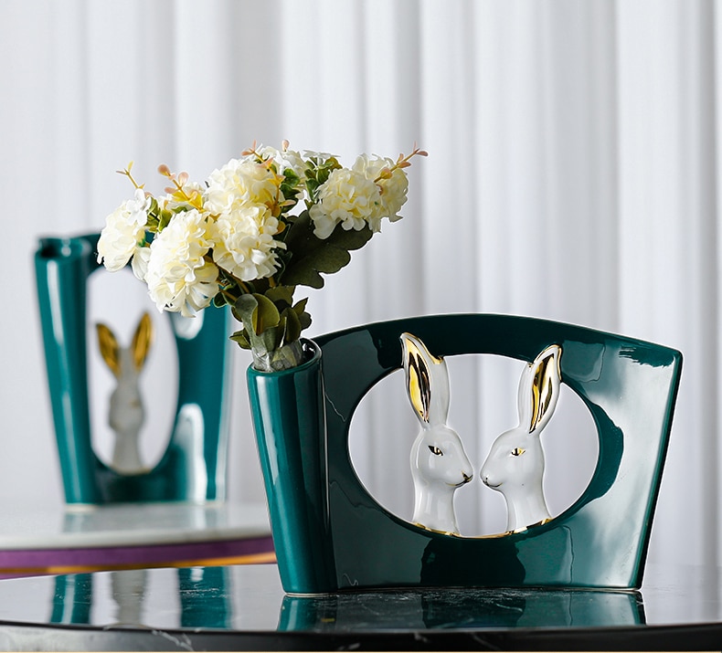 Nordic Ceramics Vase Geometric Abstract Golden Rabbit Head Vases Flower Arrangement Crafts Figurines Home Decoration Accessories