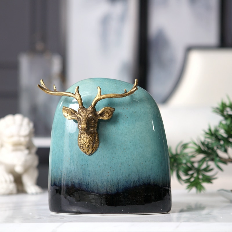Creative Nordic Aluminum Deer Head Statues Home Decorative Crafts Blue Ceramic Figurine Decoration Objects Arts Gifts