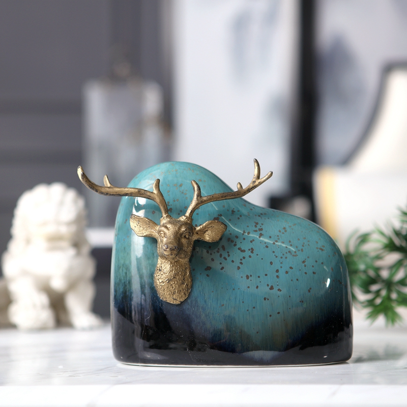 Creative Nordic Aluminum Deer Head Statues Home Decorative Crafts Blue Ceramic Figurine Decoration Objects Arts Gifts