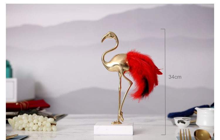 Luxurious Copper Flamingo Statue Sculpture Red Feather Tail Home Art Gift Figurines Home Decor Marble Accessories