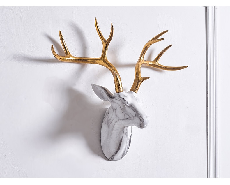 Nordic Home Living Room Background Wall Hanging Marble Texture Deer Head Wall Sculpture Golden Antlers Hotel Wall Decor Statue