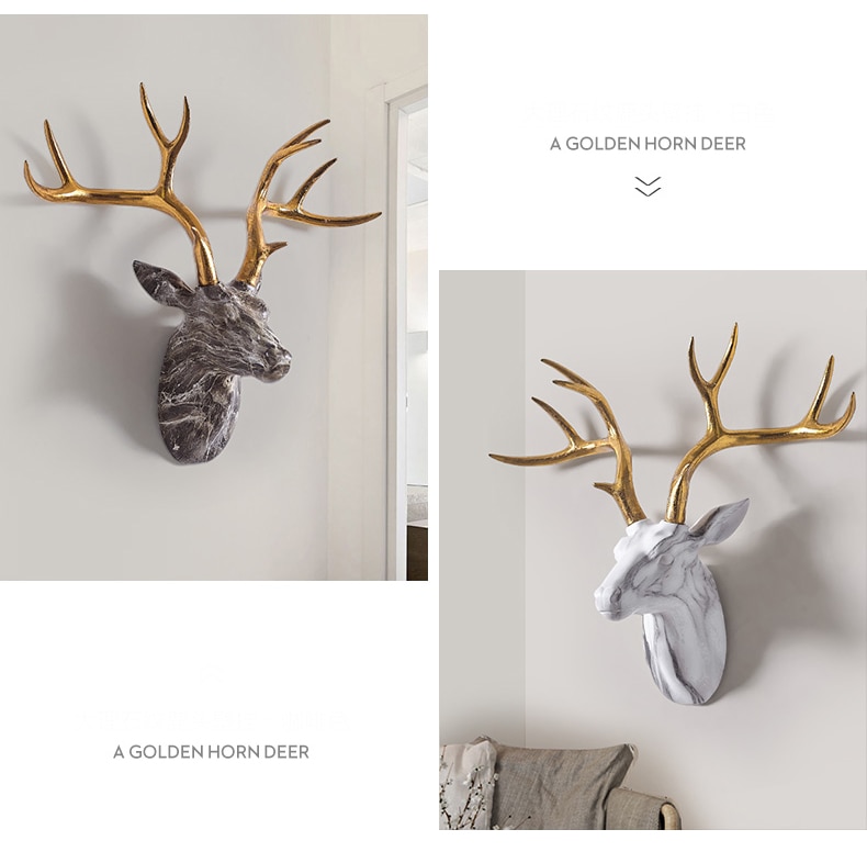 Nordic Home Living Room Background Wall Hanging Marble Texture Deer Head Wall Sculpture Golden Antlers Hotel Wall Decor Statue