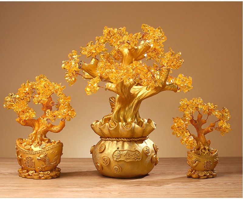 Fengshui Crystal Lucky Tree Home Decoration Ornaments Gold Ingot Miniature Model Opening Decoration Accessories Wedding Gifts
