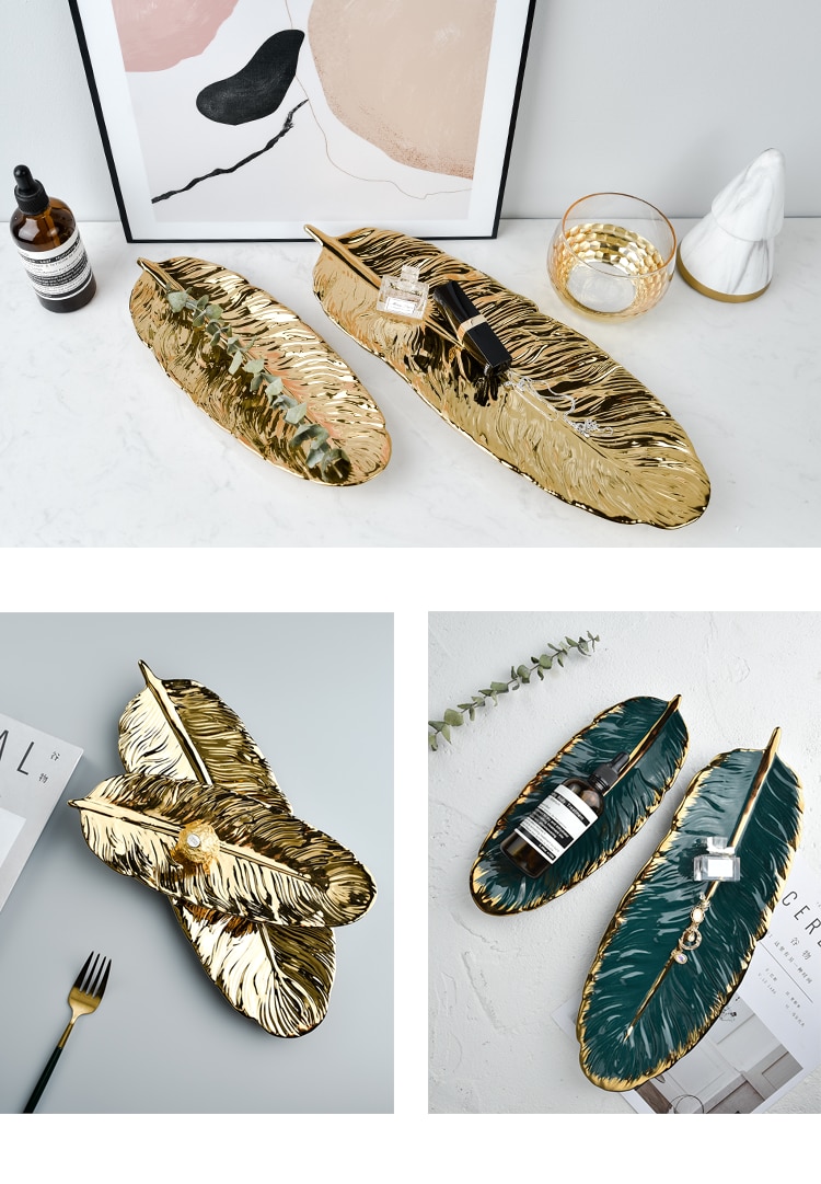 Luxury Ceramic Platter Storage Tray with Glod Rim Green Leaf Glod Feather Jewelry Makeup Brush Storage Decorative Sushi Plate