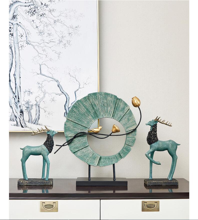 Chinese Creative Resin Deer Bird Round Shape Ornament Home Furnishing Decoration Crafts Livingroom Office Cafe Desktop Figurines