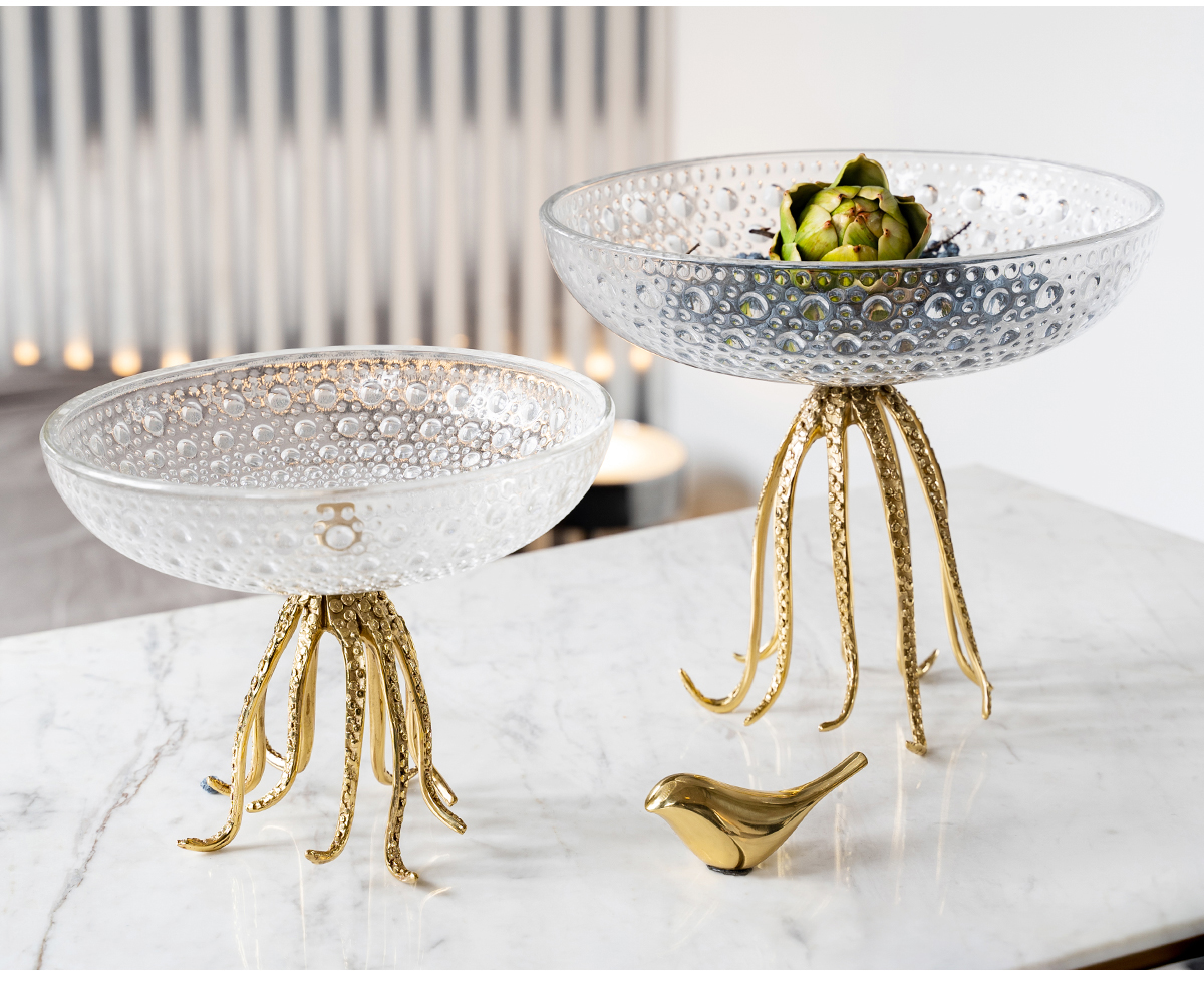 Luxury Octopus Shape Metal Statue Home Glass Fruit Plate Living Room Creative Decor Dried Fruit Plate Fruit Bowl Candy Dish