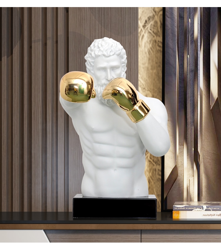 56cm Strong Boxing Man With Golden Gloves Resin Statue Home Decor Crafts Room Decoration Objects Office Hotel Marble Figurines