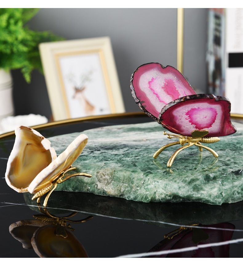 Home Decor Accessories Gold Brass Butterfly Figurine With Natural Agate Flakes Wing Room Ornament Objects Office Christmas Gift