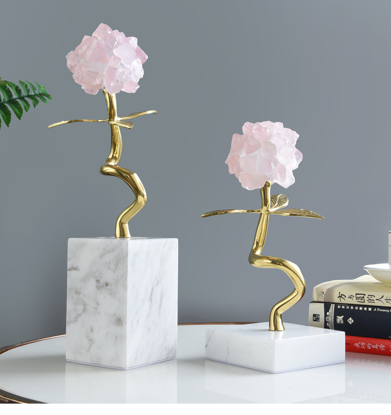 Home Decoration Accessories Pink Crystal Flower With Gold Leaves Figurine Living Room Ornament Objects Office White Marble Gift